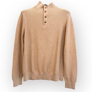 Express Men’s Cotton Pullover Mockneck, 1/4 front buttons neckline, tan, size M